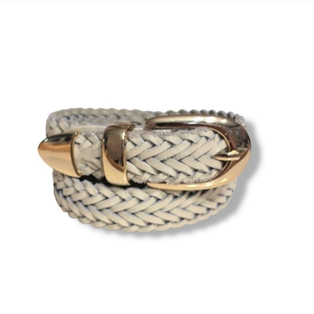 VINTAGE Cream Braided Leather Belt Oval Gold Tone Hardware Size M/L